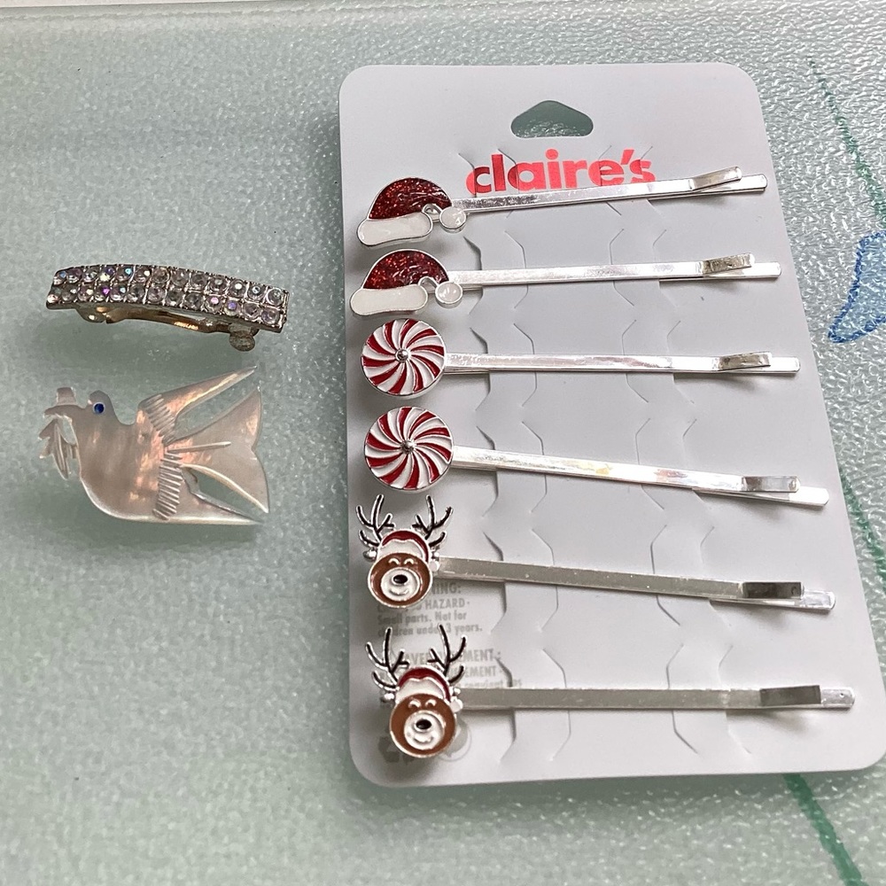 Christmas NEW set 6 pair hair clips + white bird brooch + shiny hair clip